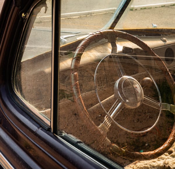 Steering wheel on a vintage auto
