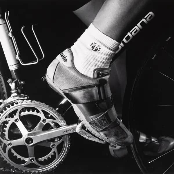 A cyclist clipped in to go